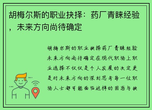 胡梅尔斯的职业抉择：药厂青睐经验，未来方向尚待确定